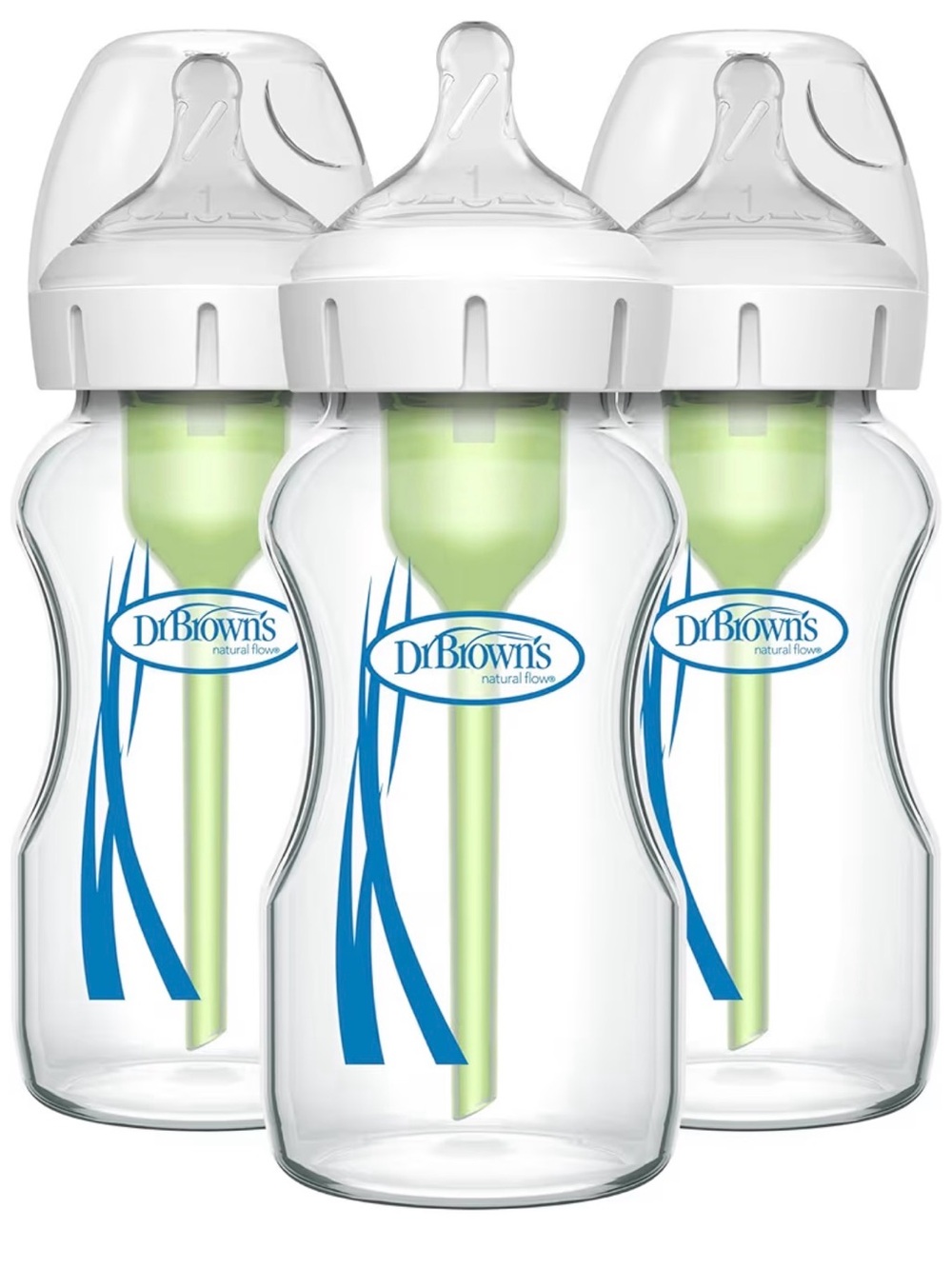 Natural Flow Clear Baby Bottles with Green Vent (3-Pack)